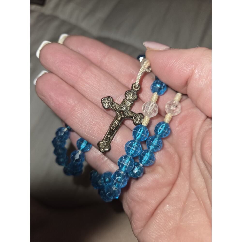Blue and Clear Glass Bead Christian Rosary with Metal Crucifix